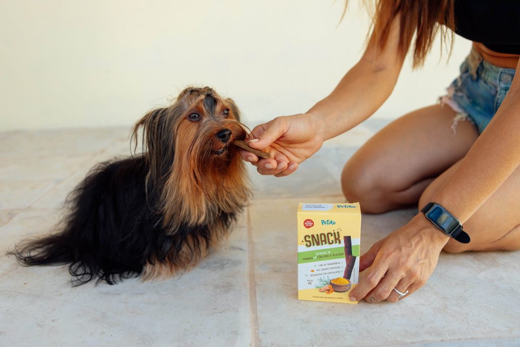 Cachorro com Snack – Bifinhos de frango com cúrcuma e alecrim enviado na edição "Feira" do BOX.Petiko