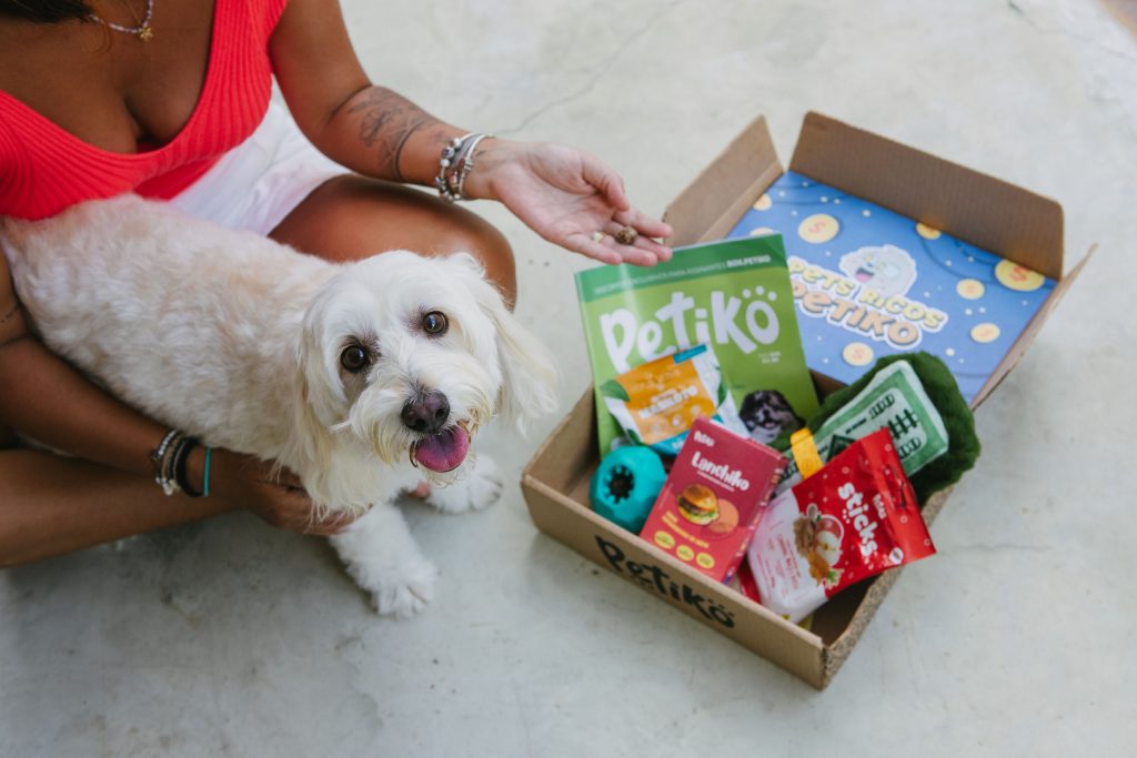 Cachorro branco e sua tutora com a edição "Pets Ricos" do BOX.Petiko
