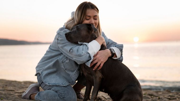 Tutora abraçando seu cachorro na areia da praia