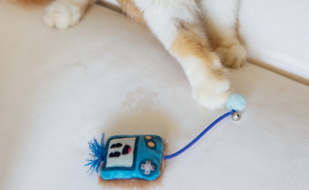 Zoom nas patas de um gato com pelagem branca e amarela encostando no Brinquedo de pelúcia Game Cat, da Petiko