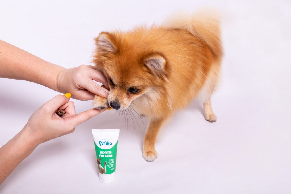 Tutora aplicando produto Hidrata Patinhas, da Petiko, em seu cachorro da raça Spitz Alemão