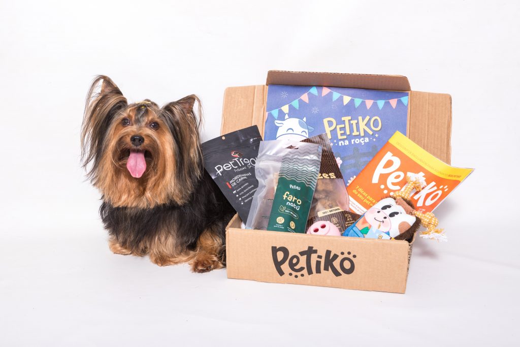 Cachorro Yorkshire sentado ao lado do BOX.Petiko, edição "Petiko na Roça", da Trilha Body Parts