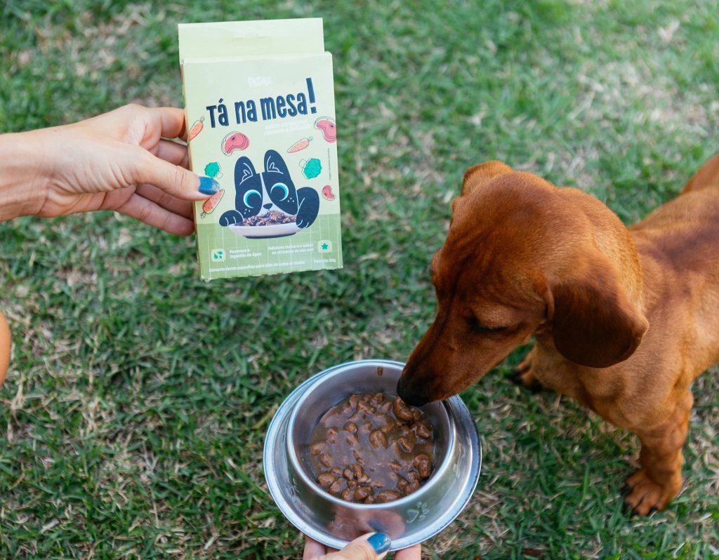 Cachorro comendo Topper Tá na Mesa sabor carne com cenoura e brócolis enviado no BOX.Petiko